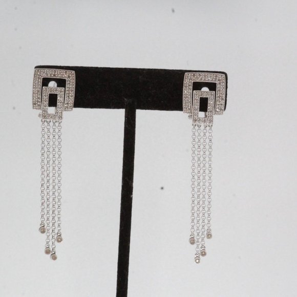 14k WHITE GOLD DIAMOND LONG DANGLE DROP TASSEL EARRINGS - Picture 3 of 13